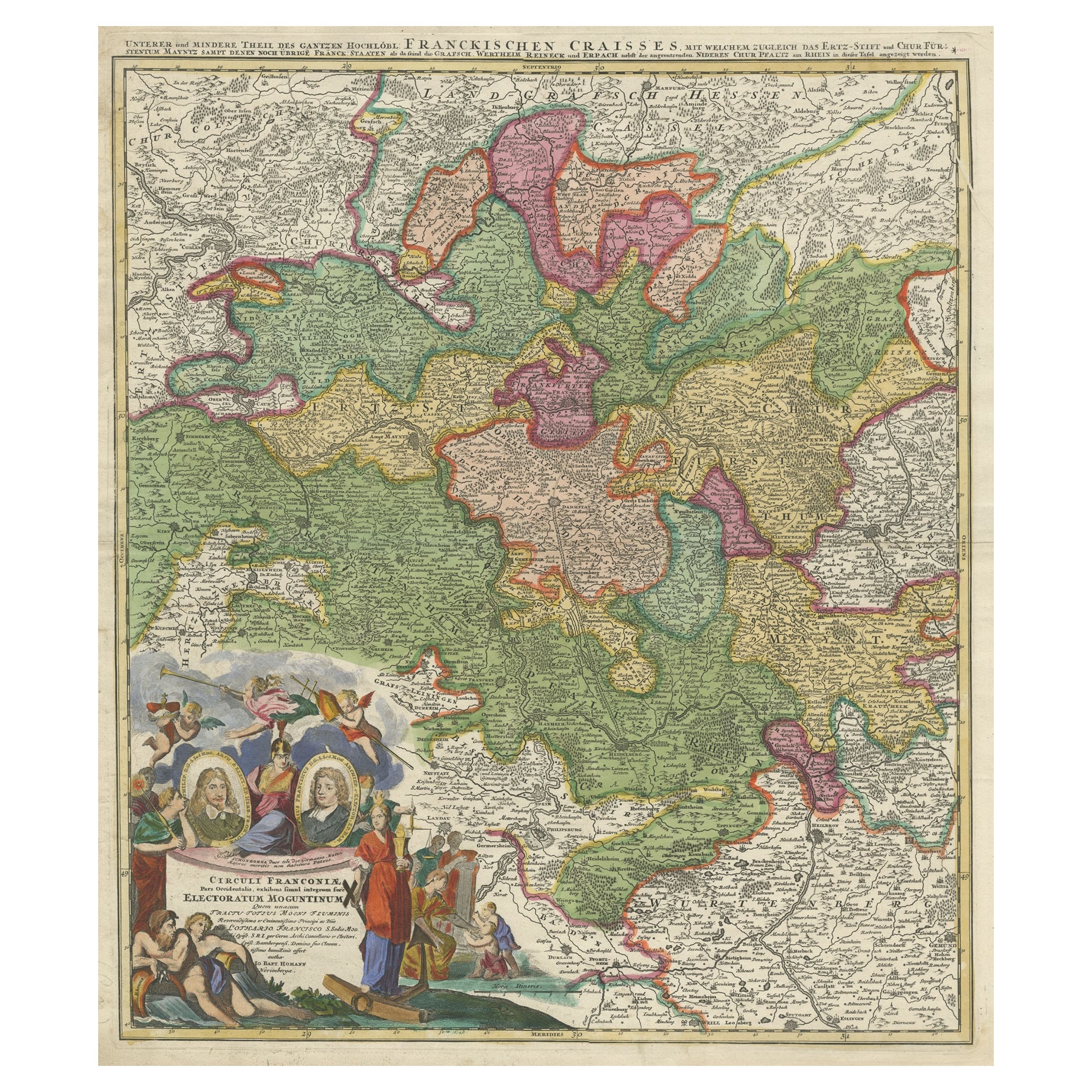 Carte ancienne colorée centrée sur Nuremberg et Bamberg en Allemagne, vers 1703