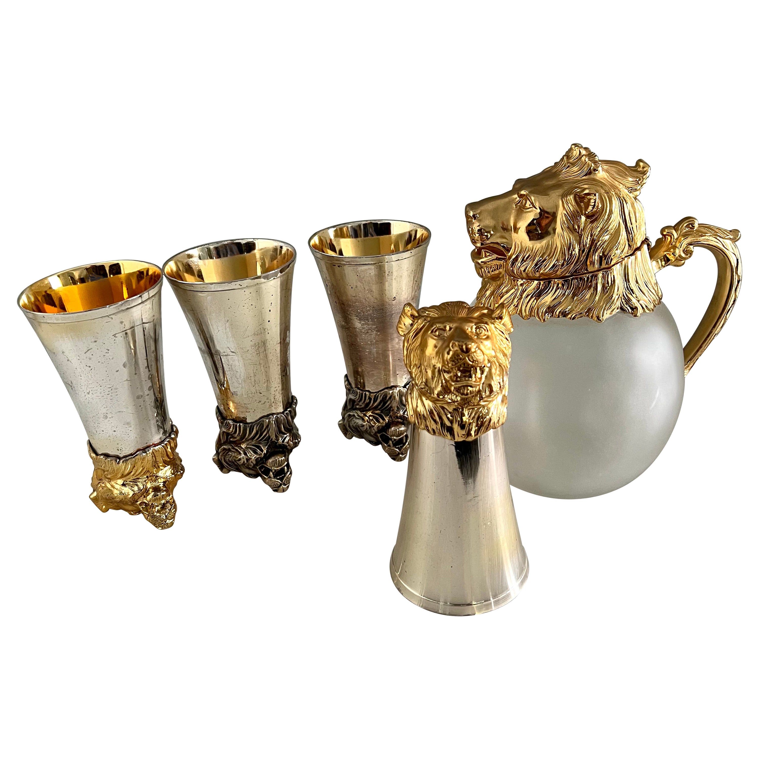 Set of Four Lion Stirrup Cups with Matching Lion Head Pitcher