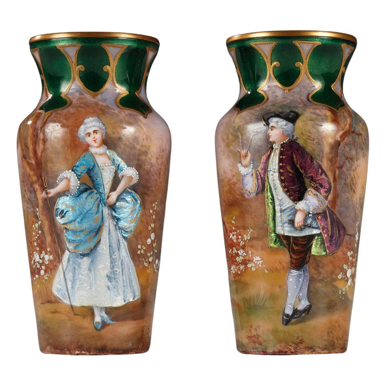 Pair of Limoges Enameled "Marquis and Marquise" Vases, France, circa 1900 For Sale