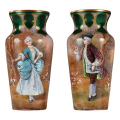 Antique Pair of Limoges Enameled "Marquis and Marquise" Vases, France, circa 1900