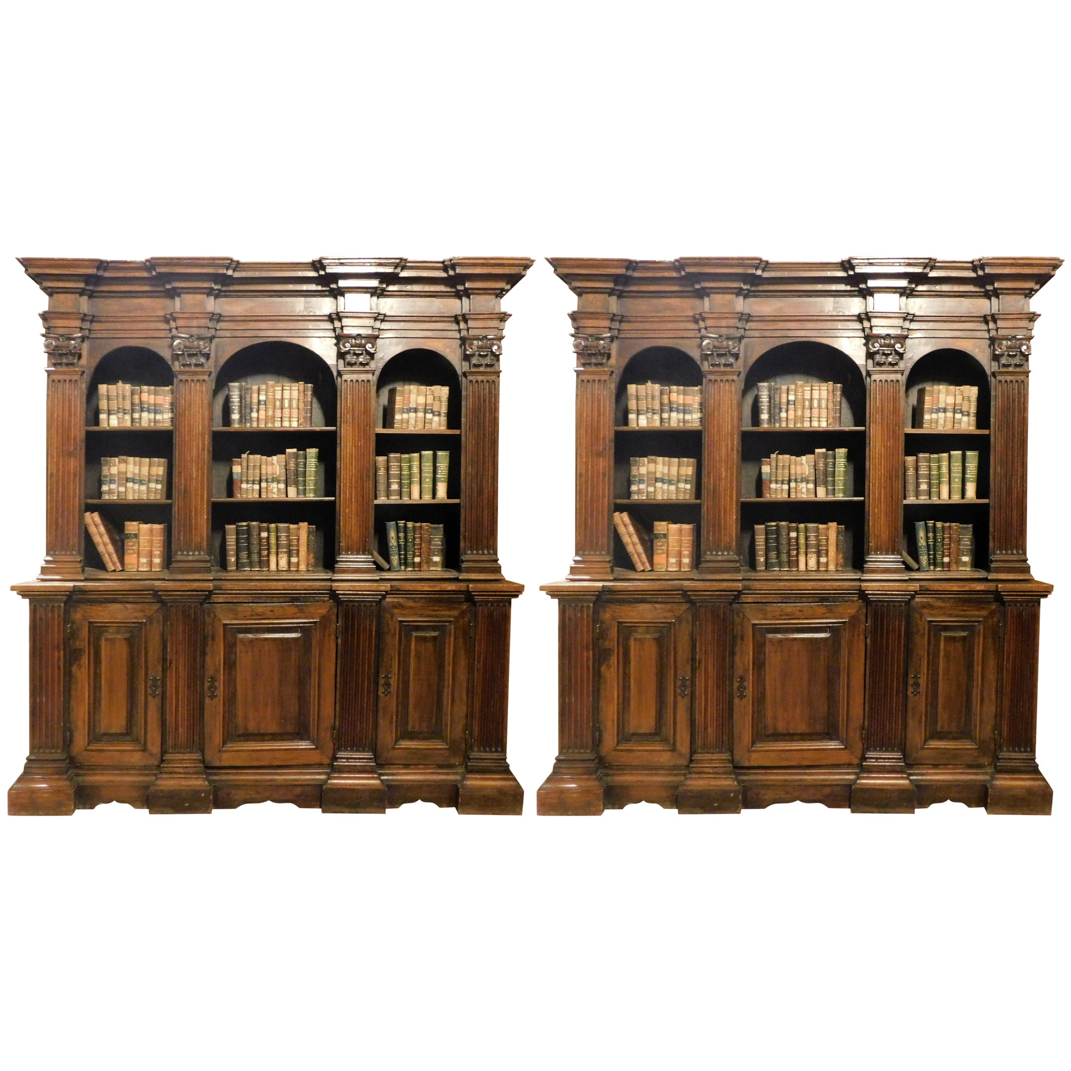 Antique Pair of Walnut Bookcases, 19th Century Italy