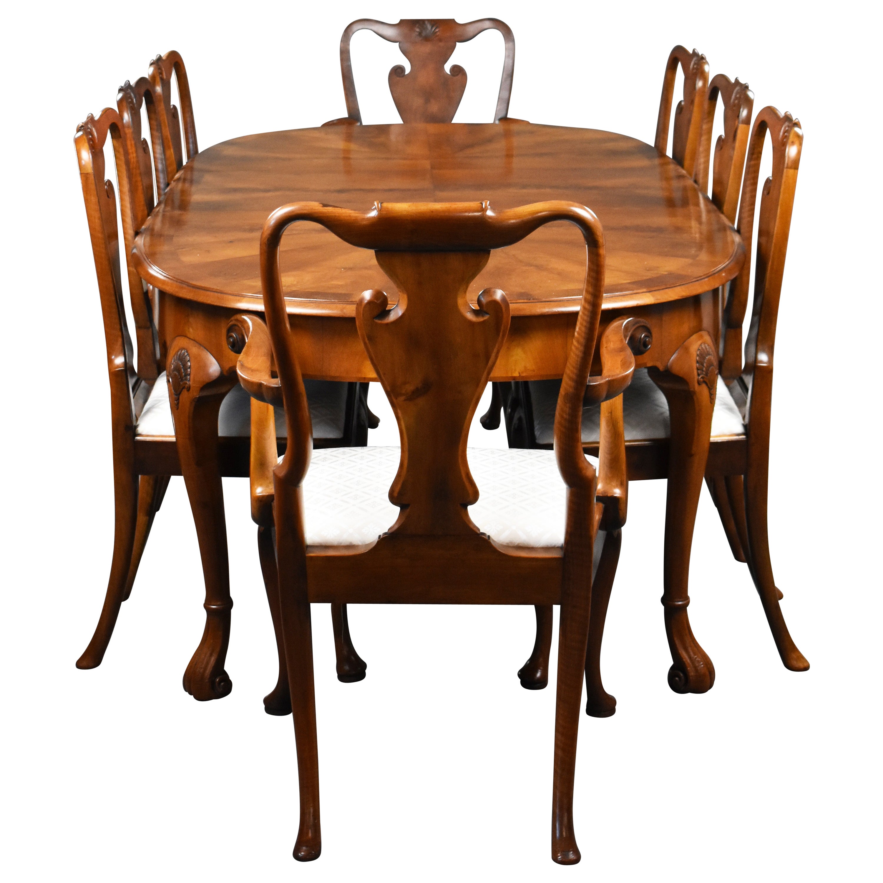 20th Century English Antique Walnut Extending Dining Table & 8 Chairs