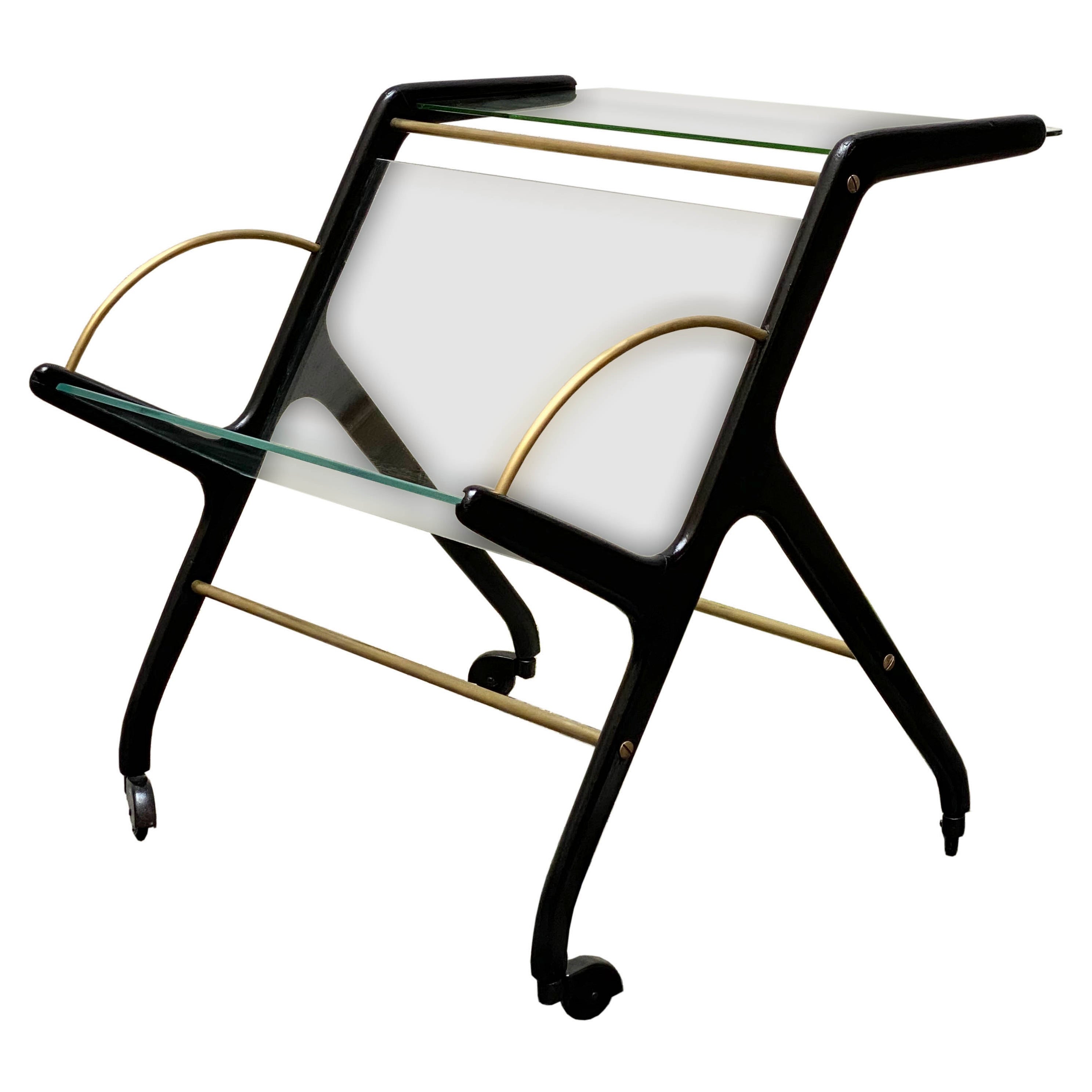 Ico Parisi Glass and Wood Magazine Rack with Wheels, 1950s For Sale