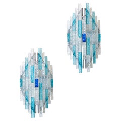 Vintage Pair of 70s Wall Lights Metal Structure Clear and Blue Glass Tassels by Poliarte