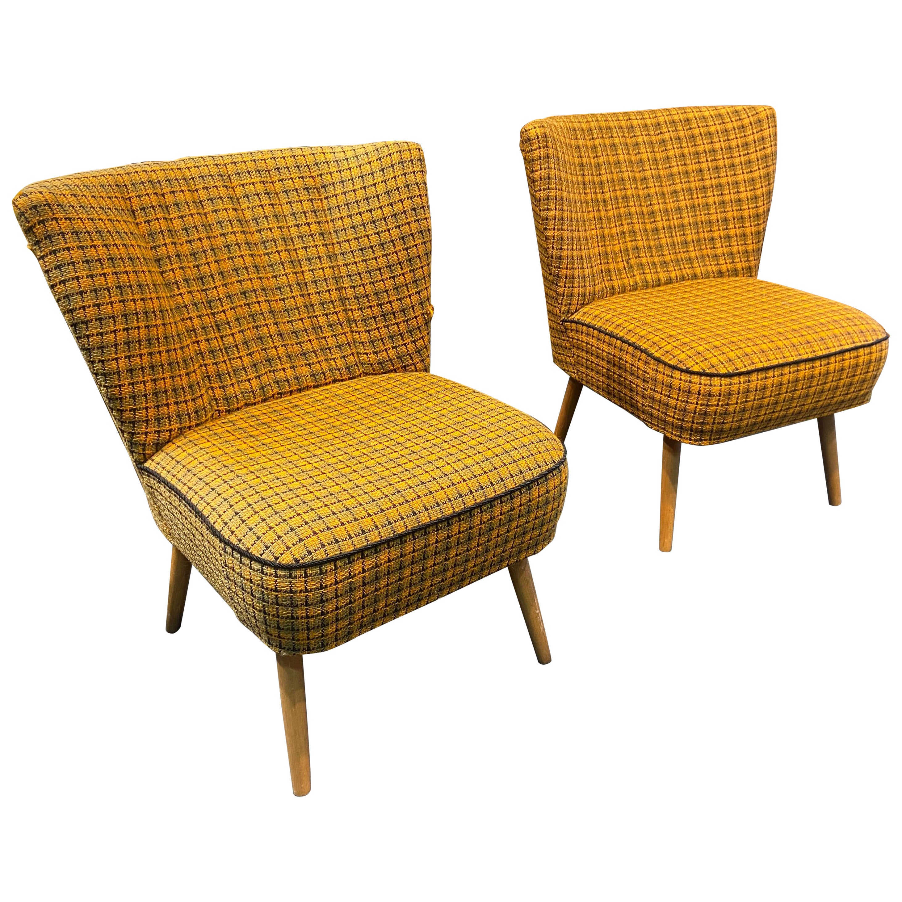 20th Century Pair of French Vintage Chairs with Mustard Plaid Upholstery For Sale
