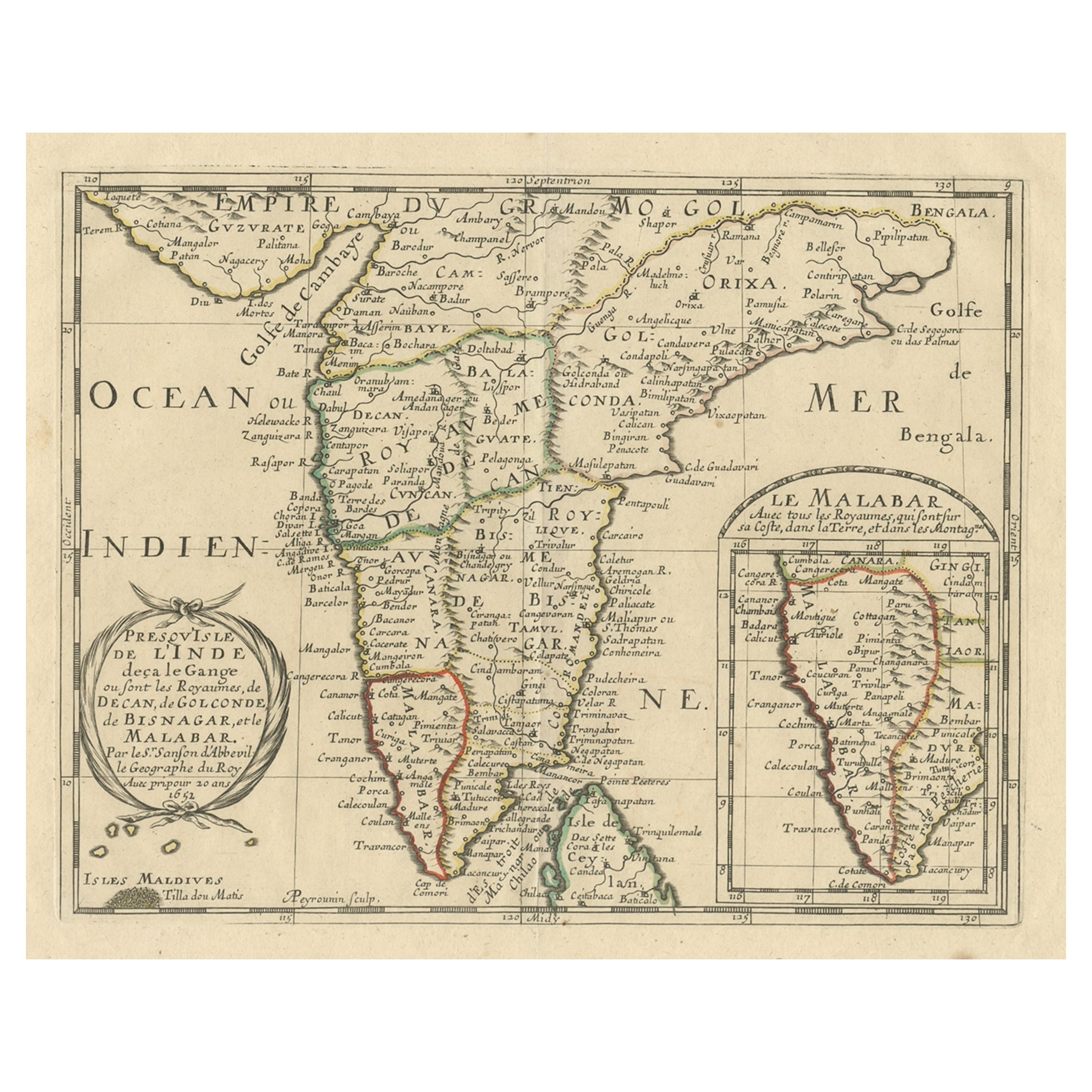 Carte ancienne d'origine montrant l'Inde du Sud, le Sri Lanka du Nord et Malabar, 1652