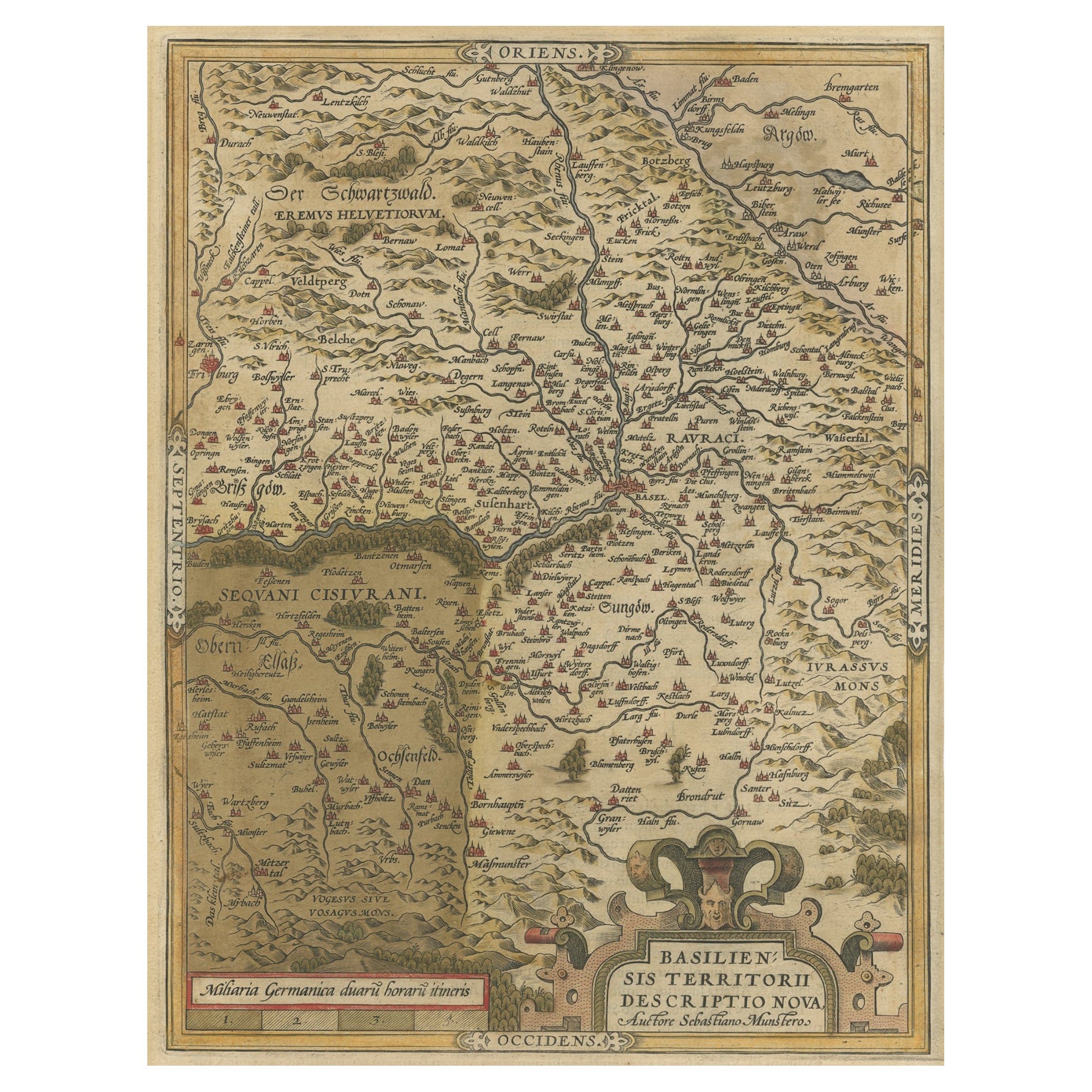Très ancienne carte originale colorée à la main de la région de Bâle, Suisse, vers 1578