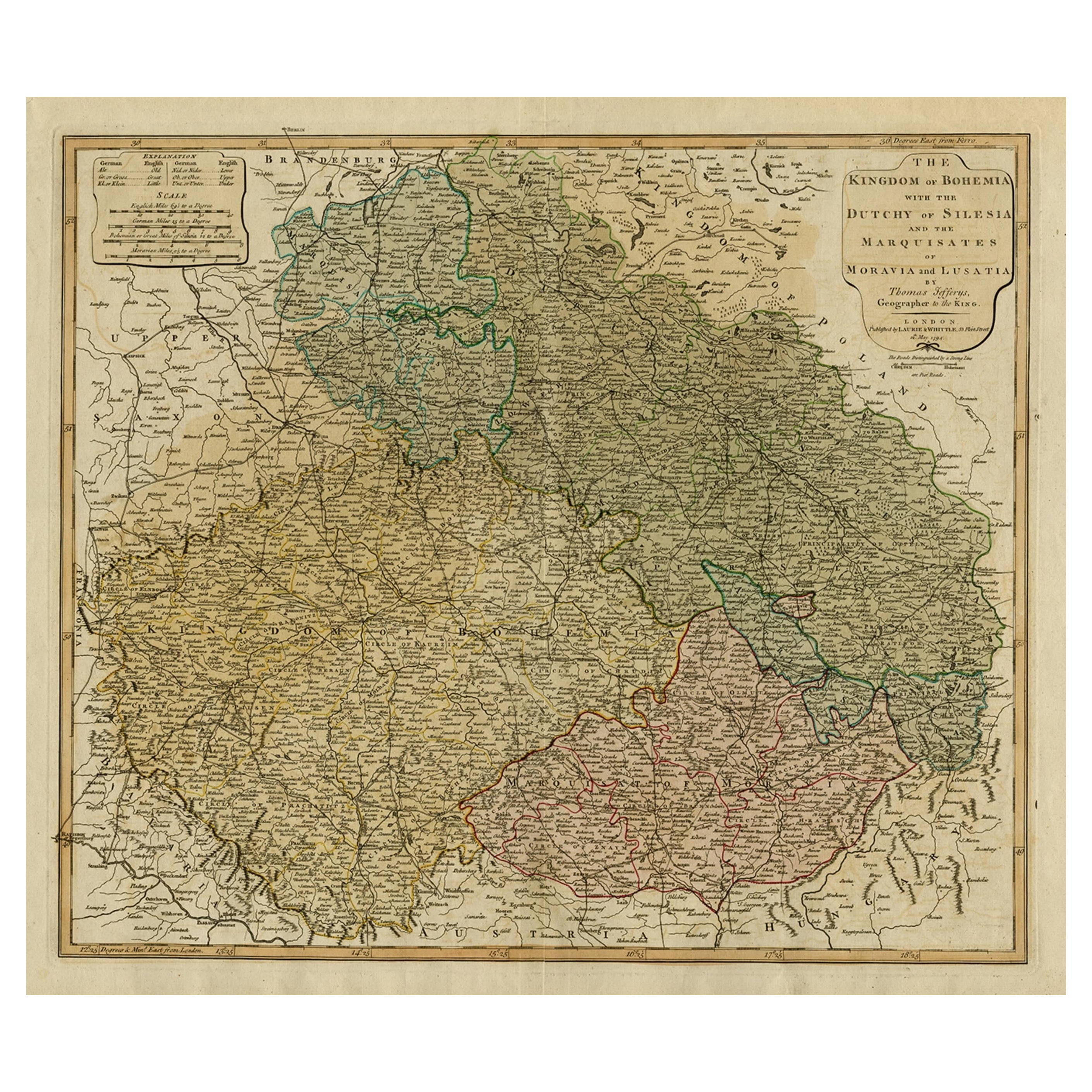 Original Map of the Kingdom of Bohemia, with Silesia, Moravia and Lusatia, 1804 For Sale