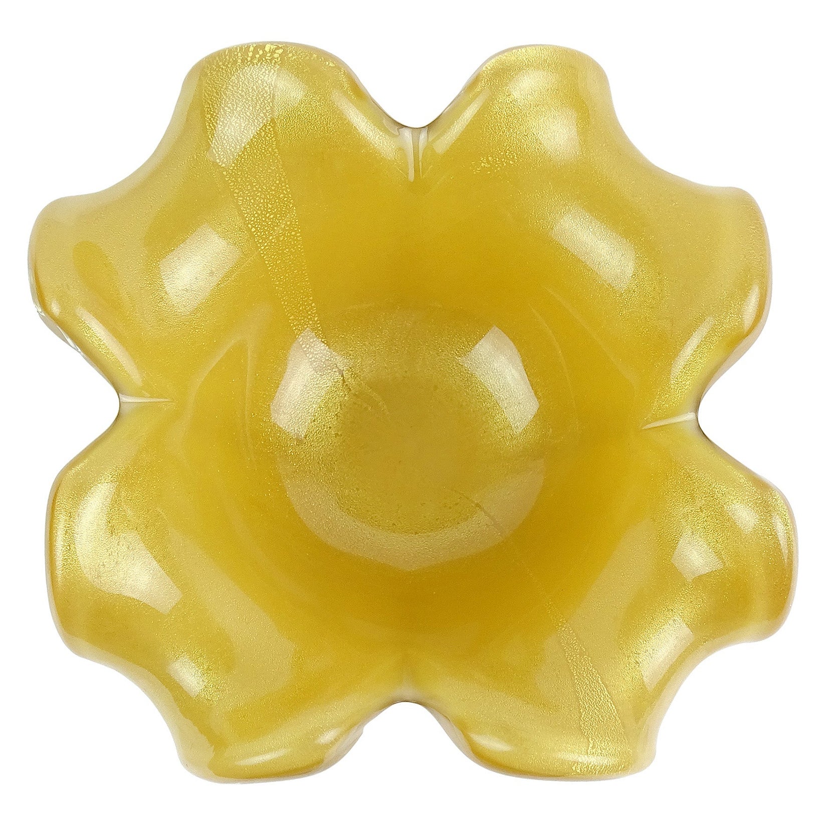 Barbini Murano Opalescent Honey Yellow Gold Flecks Italian Art Glass Bowl For Sale