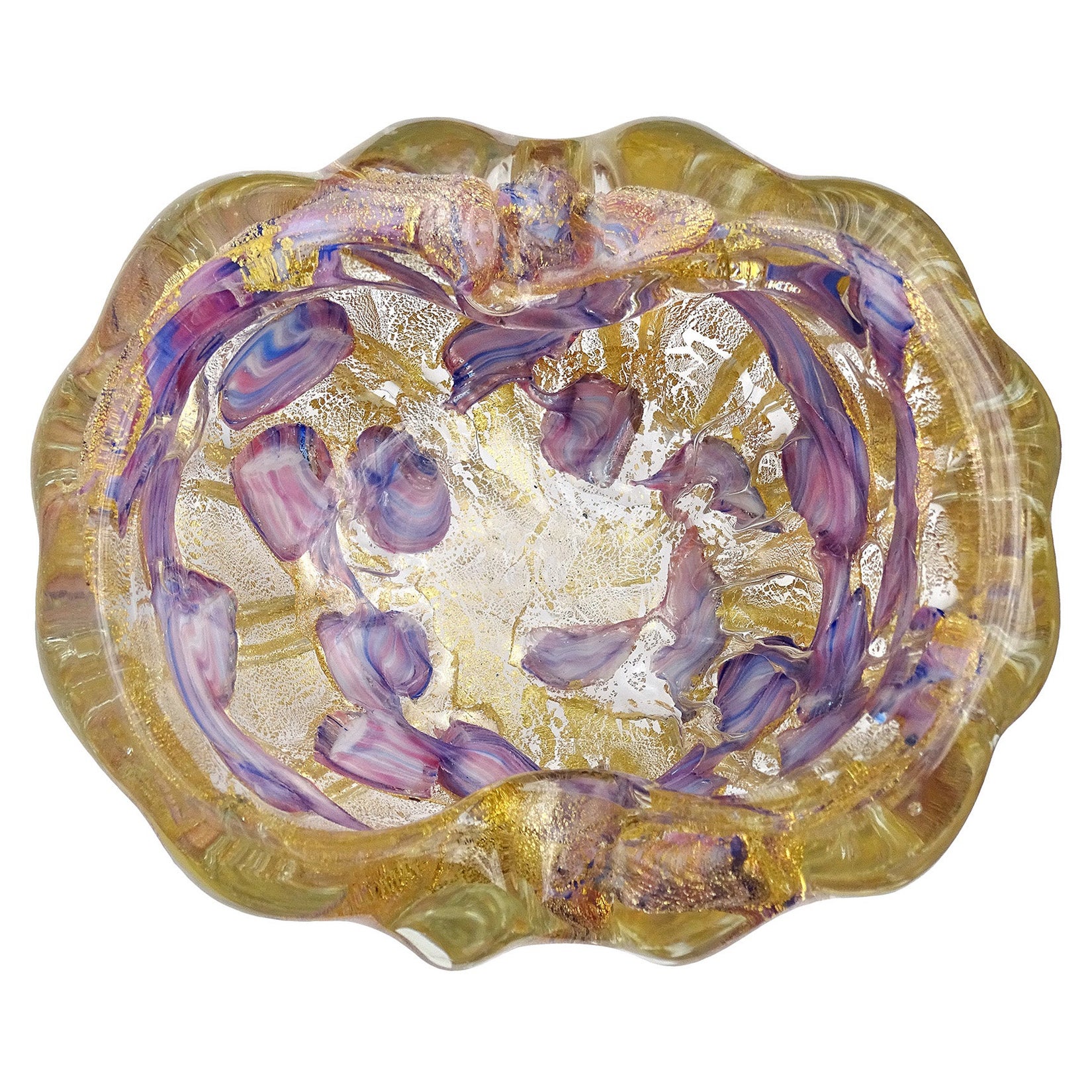Barovier Toso Murano Gold Fleck Purple Blue Spots Italian Art Glass Bowl Ashtray