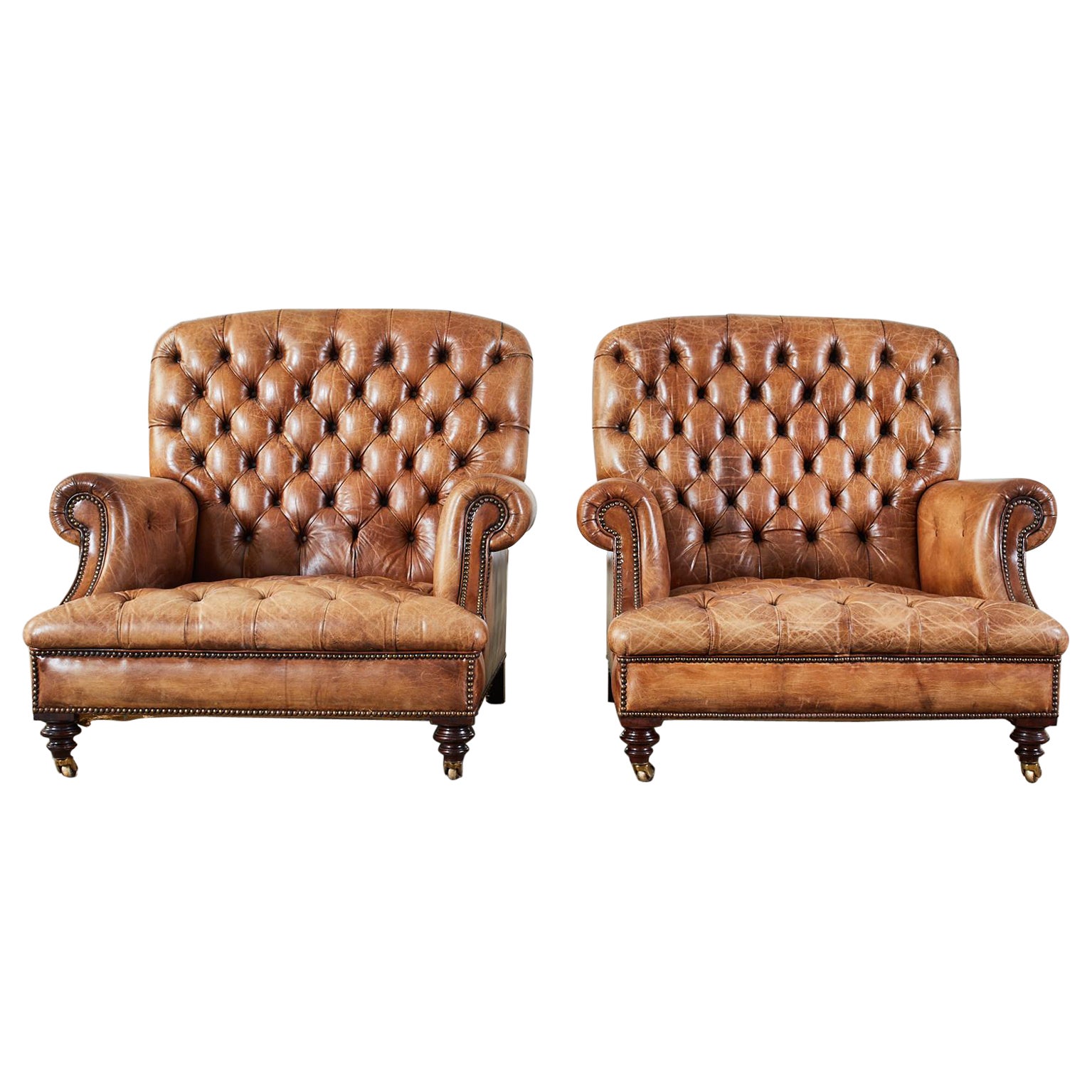 Grand Pair of English Georgian Style Cigar Leather Library Chairs