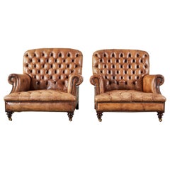 Grand Pair of English Georgian Style Cigar Leather Library Chairs