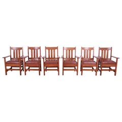 Stickley Brothers Mission Oak Arts & Crafts Dining Arm Chairs, Set of Six