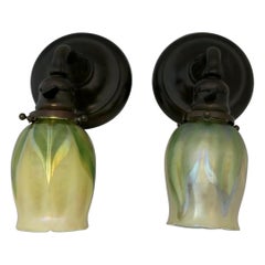 Pair of Tiffany Studios Wall Sconces with Pulled Feather Favrile Shades