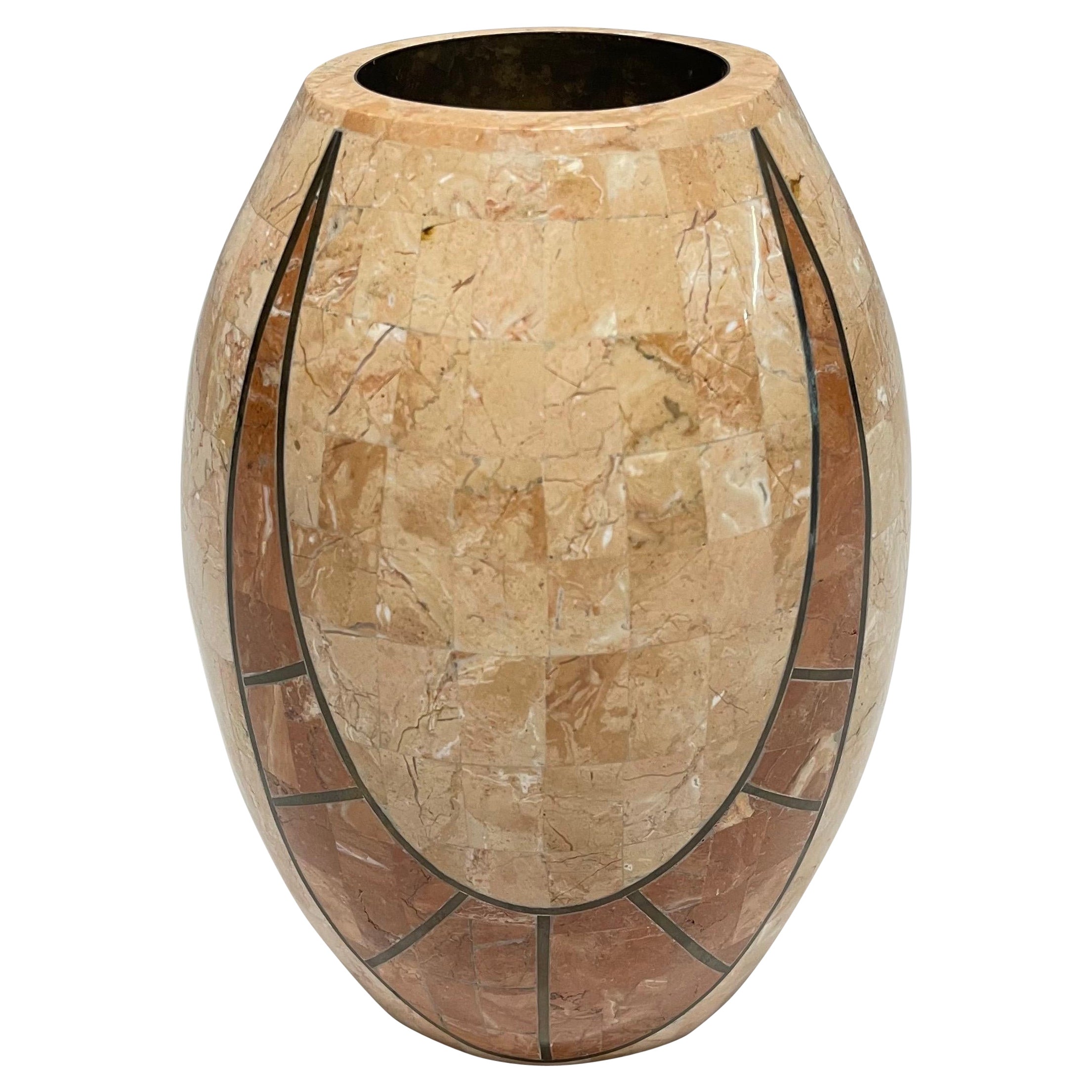 Post-Modern Tessellated Marble and Travertine Egg Shaped Pillar Candle Holder For Sale