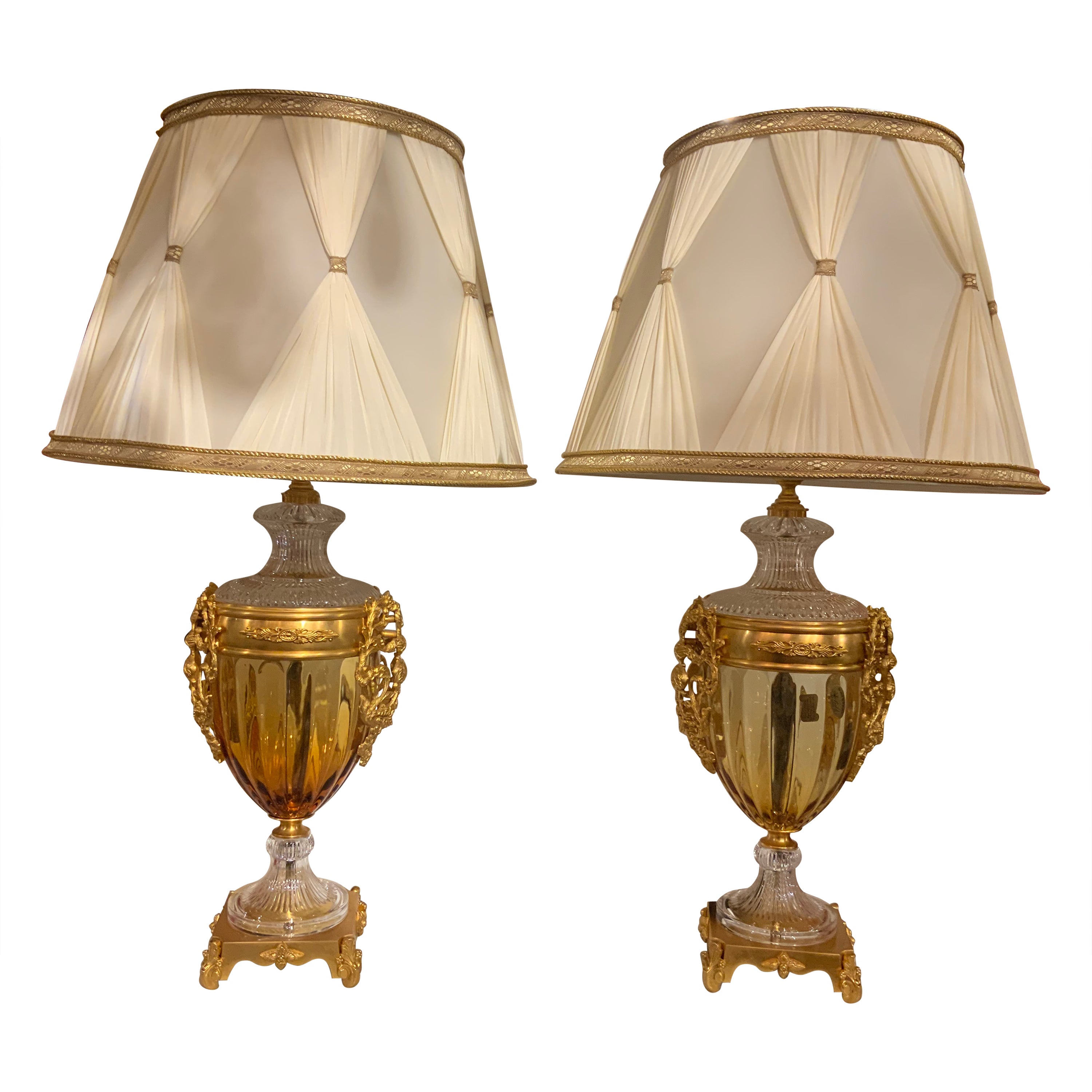 Pair of Italian Table Lamps by Baldi, Gold and Clear Crystal with Bronze Mounts For Sale