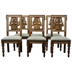Vintage Rare Set 6 Oak Carved Gilt Dining Chairs C.1940 Attributed to Jansen