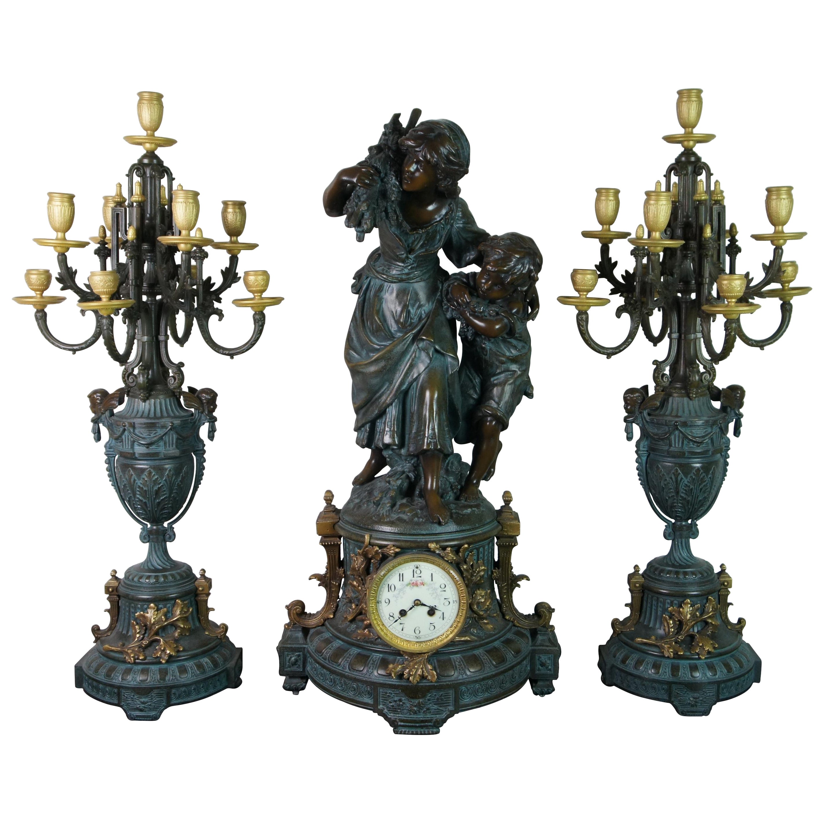 Antique French Auguste Moreau Gilt Bronze Mantel Garniture Clock Candelabra