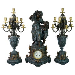 Used French Auguste Moreau Gilt Bronze Mantel Garniture Clock Candelabra