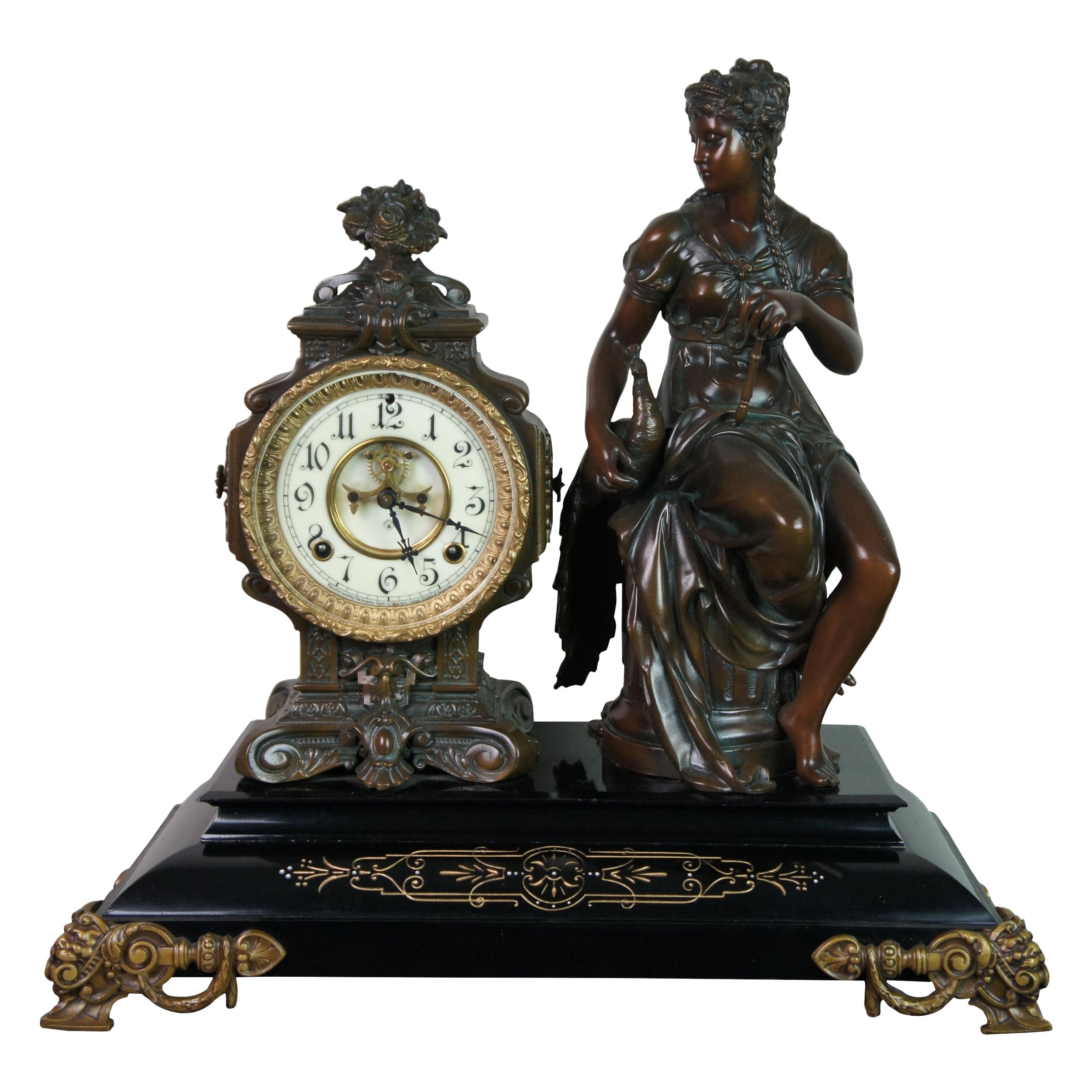 1881 Antique Marble Bronze Ansonia Figural Woman & Pheasant Bird Mantel Clock 19