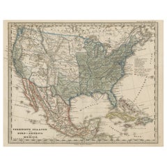 Antique Old Map the United States and Central America, Including Mexico, ca.1860
