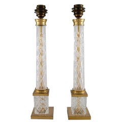 Pair of Tall and Sleek Table Lamps in Clear Crystal Glass and Brass, France