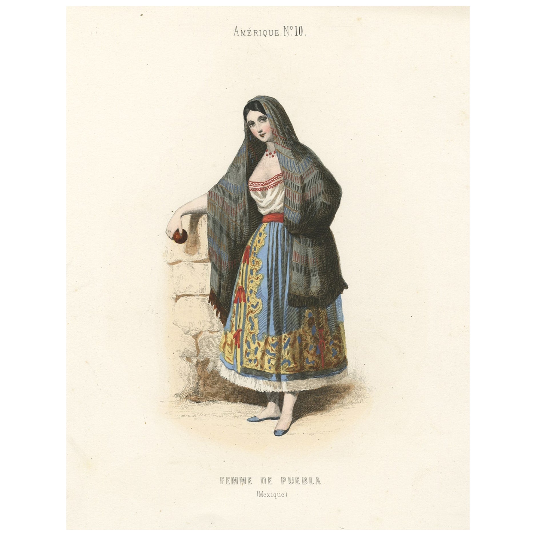 Original Antique Handcolored Print Depicting a Woman from Puebla, Mexico, 1850 For Sale
