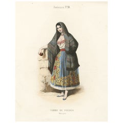 Original Antique Handcolored Print Depicting a Woman from Puebla, Mexico, 1850