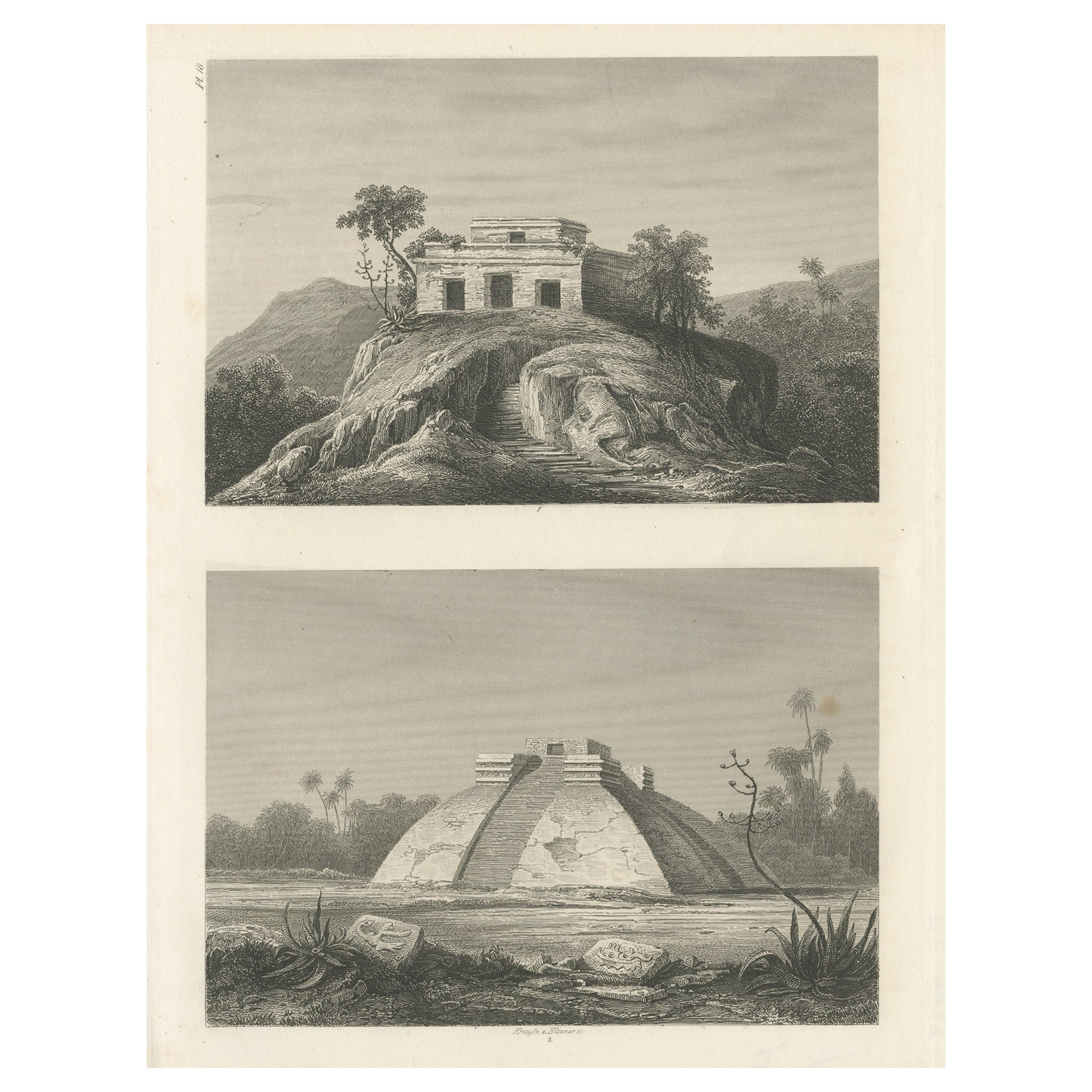 Antike Gravuren auf einem Blatt mit der Darstellung von Ruinen in Mexiko, 1857