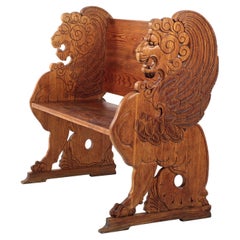 Early 20th Century Carved Lion Bench Oak and Pine Sweden