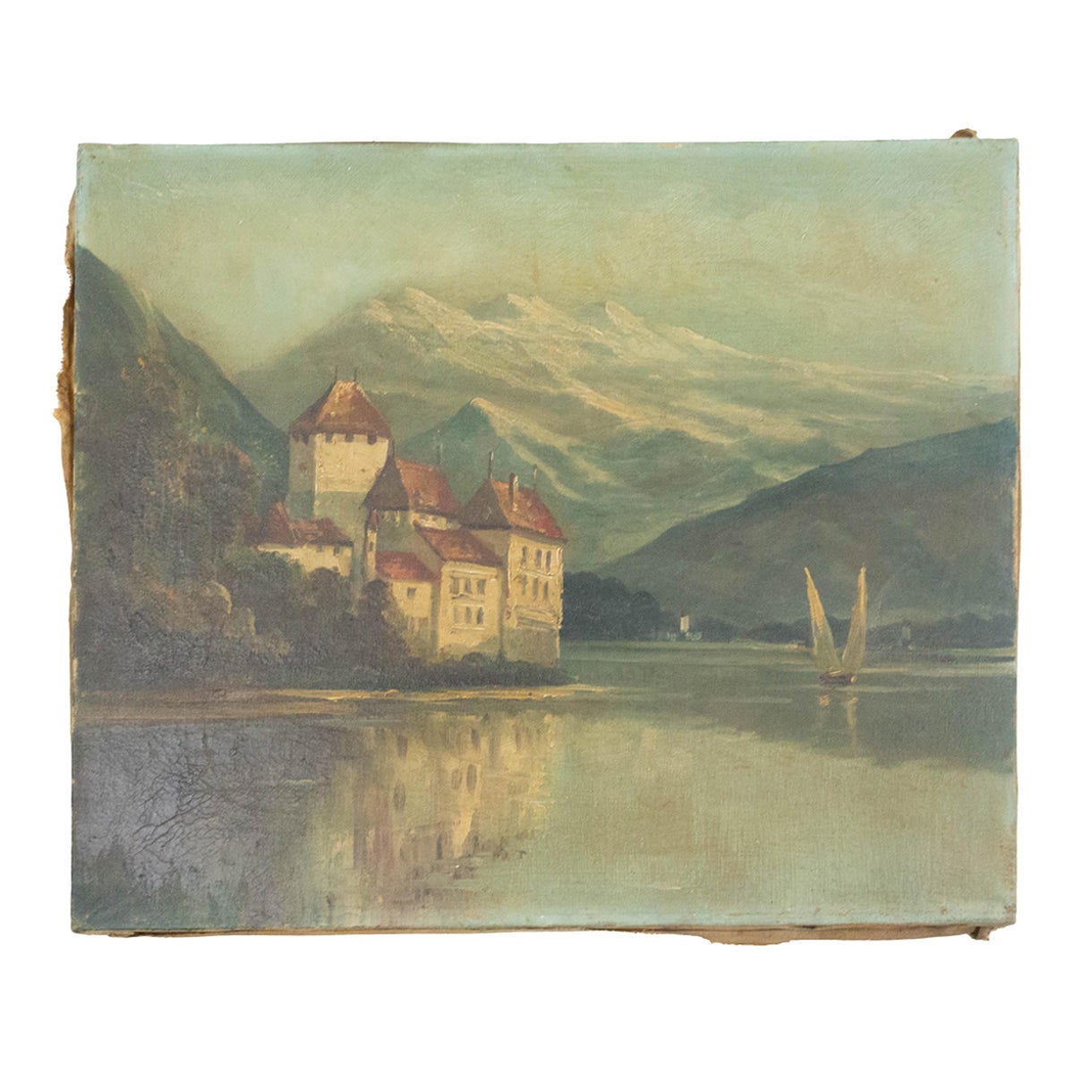 Landscape Chateau Chillon Leman Lake, Switzerland, Late 19th Century For Sale