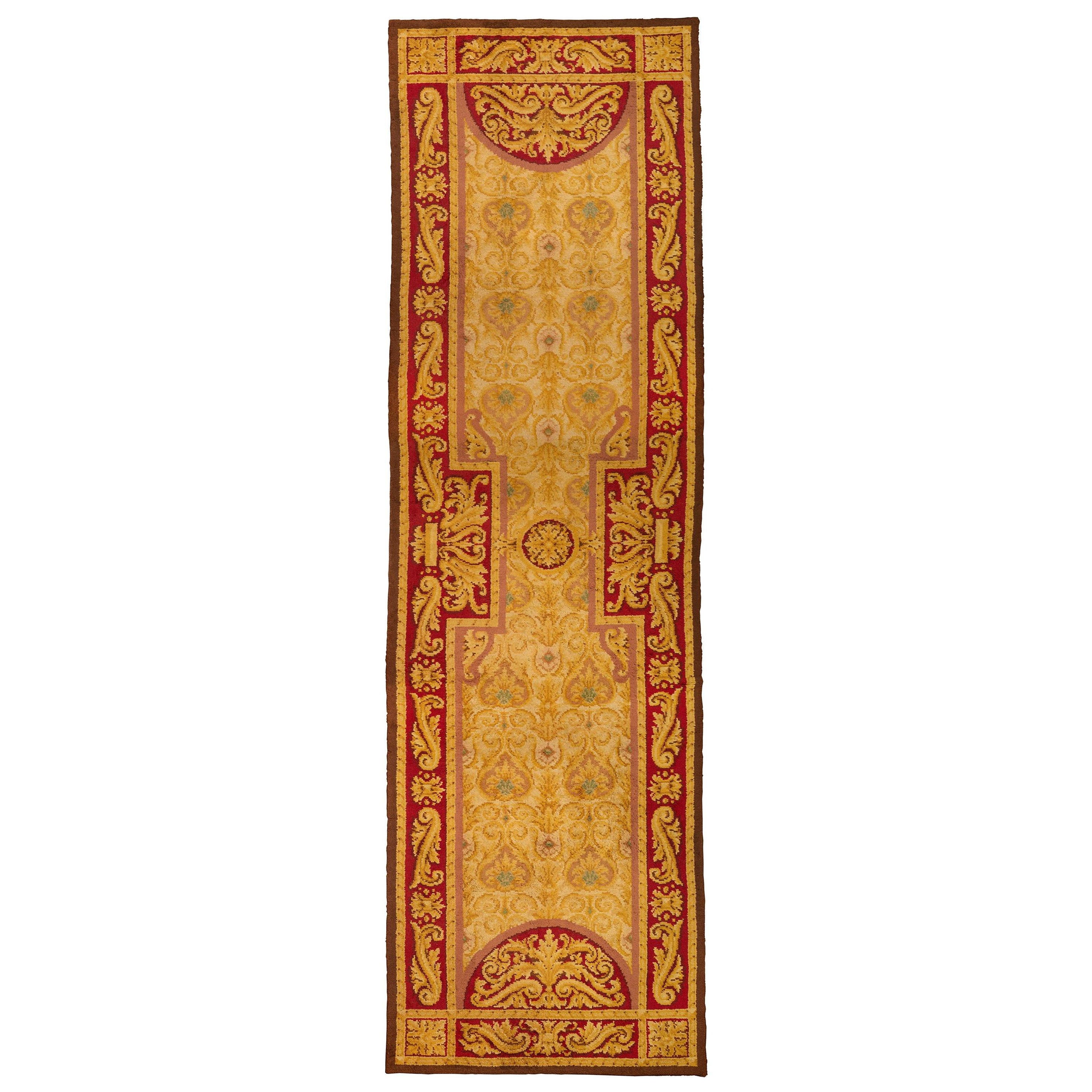 Large Colorful 19th Century Antique European Neoclassical Hallway, Runner Carpet