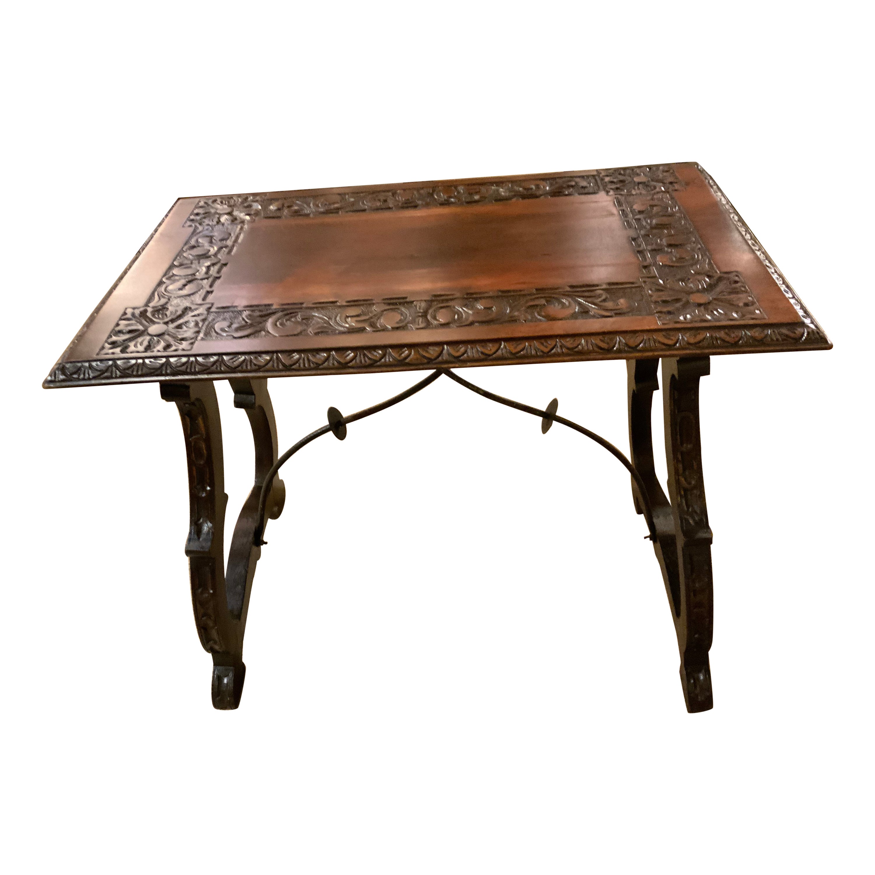 Spanish Baroque Style Carved Table with Iron Stretcher 19th C
