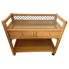 Vintage Henry Link Natural Rattan Wicker Rolling Bar Cart Console Table