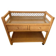 Used Henry Link Natural Rattan Wicker Rolling Bar Cart Console Table