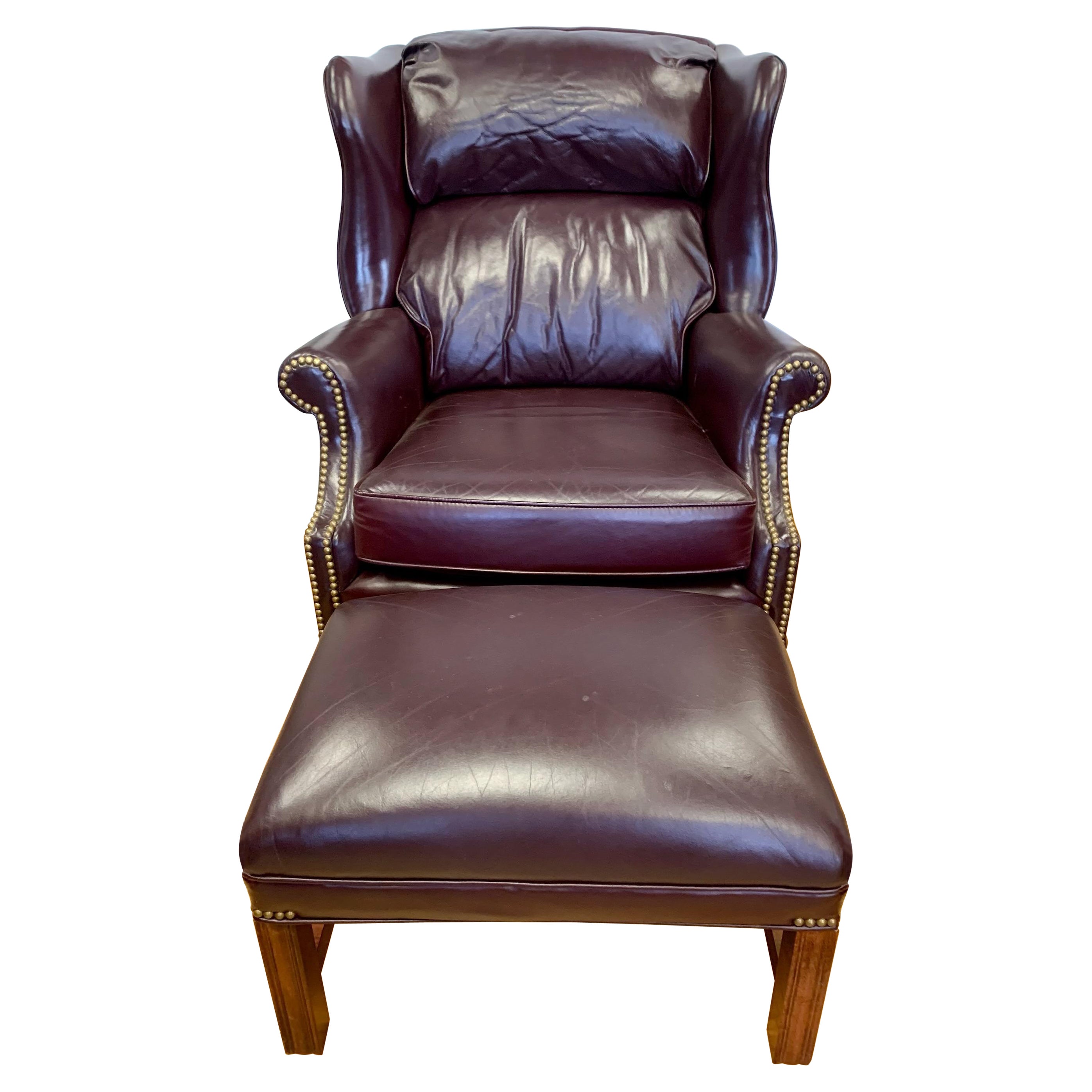 Burgundy Leather Wingback Chair and Ottoman, 2 Pcs