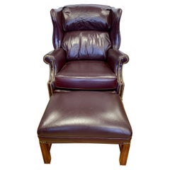 Burgundy Leather Wingback Chair and Ottoman, 2 Pcs