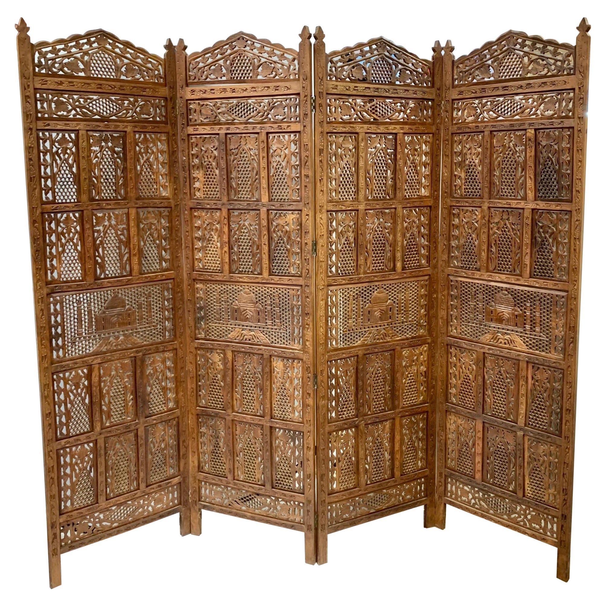 Mid-Century Carved Folding Four Panel Room Divider Screen
