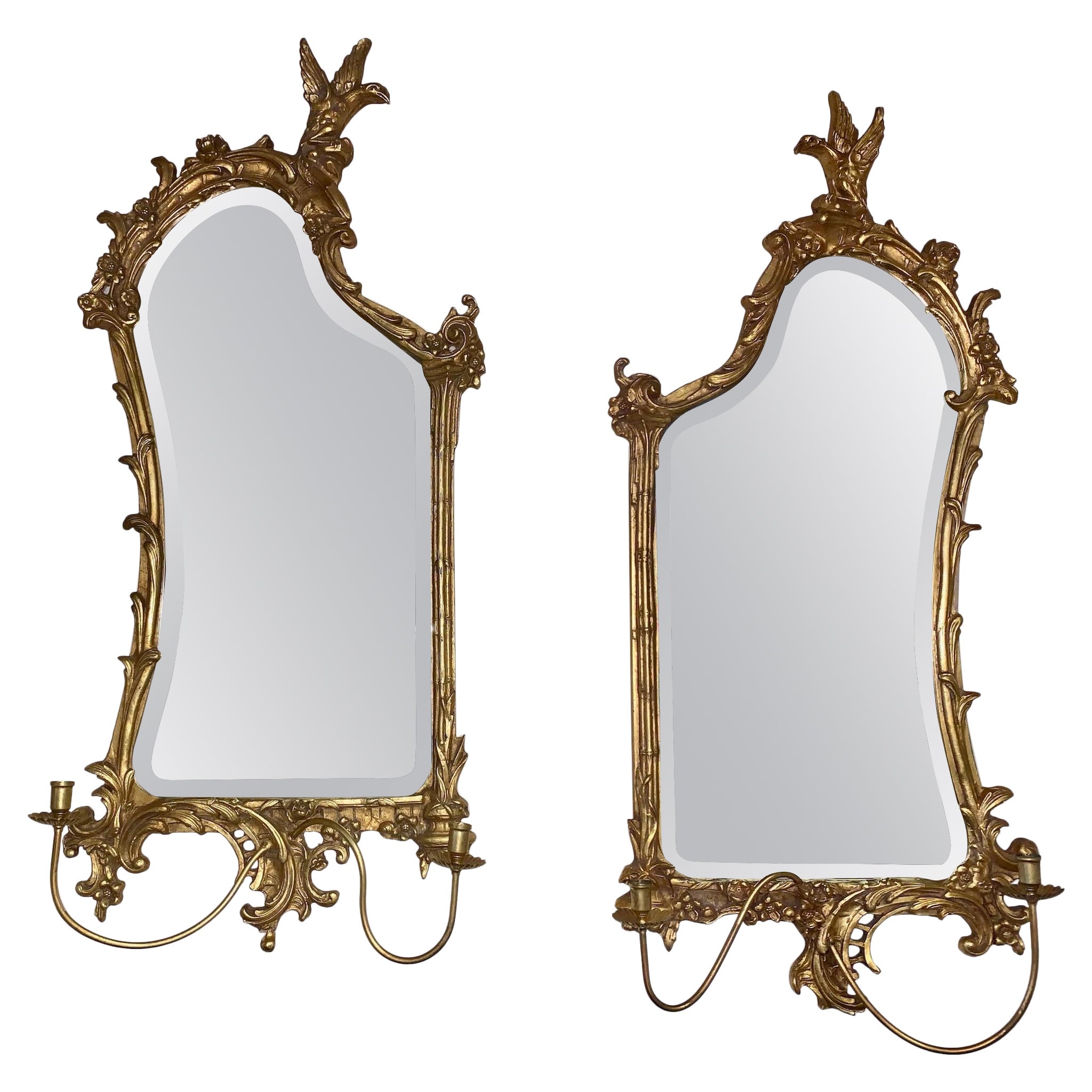 Rococo Style Carved Gold Giltwood Mirrors with Sconces, a Pair