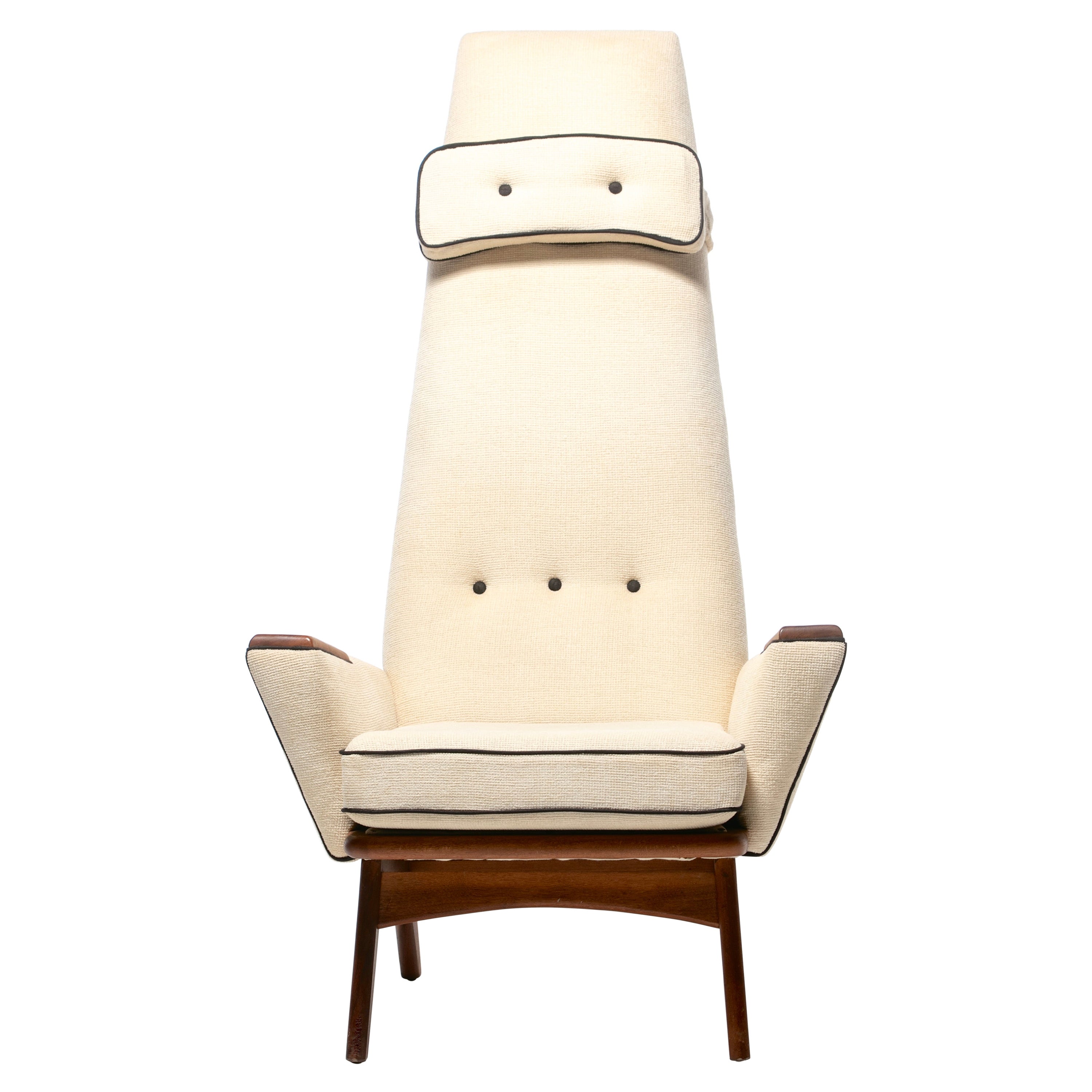 Adrian Pearsall Ivory White High Back Arm Chair with Black Piping Model 1865-C