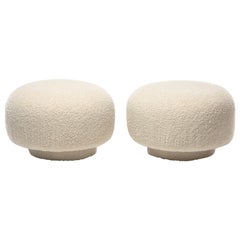 Swivel Mushroom Top Post Modern Style Ottoman Pouf in Ivory White Bouclé 