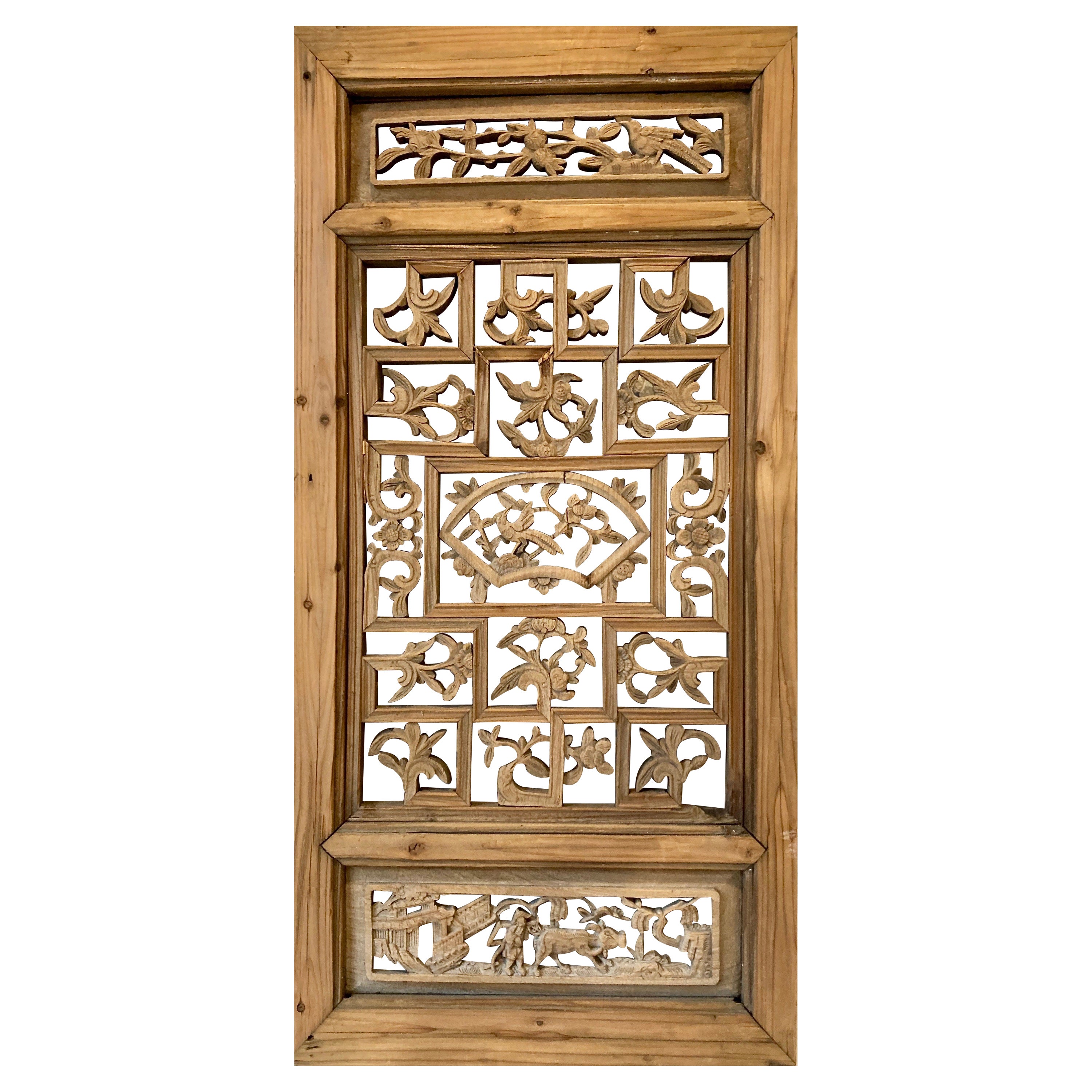 Chinese circa 1860 Antique Victorian Original Paint Carved Wood Wall