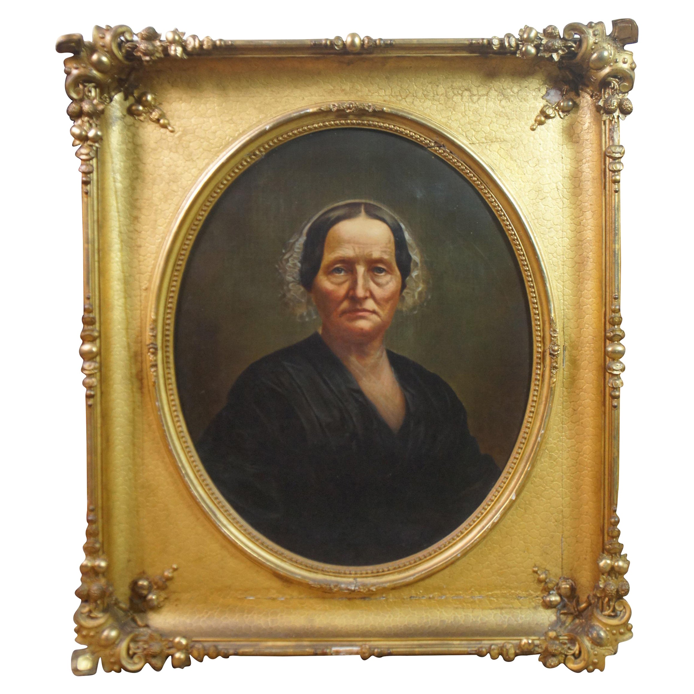 1870 Antique Laura Birge Oval Oil Portrait Painting Great Great Grandmother