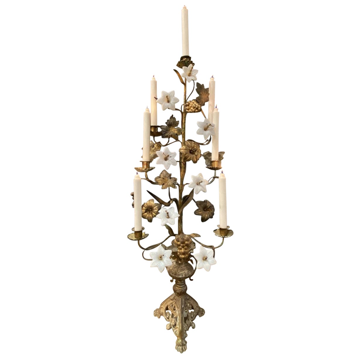 Tall Slim Gilt Bronze Church Candelabra, Opaque Flowers, Brass Ornamentation