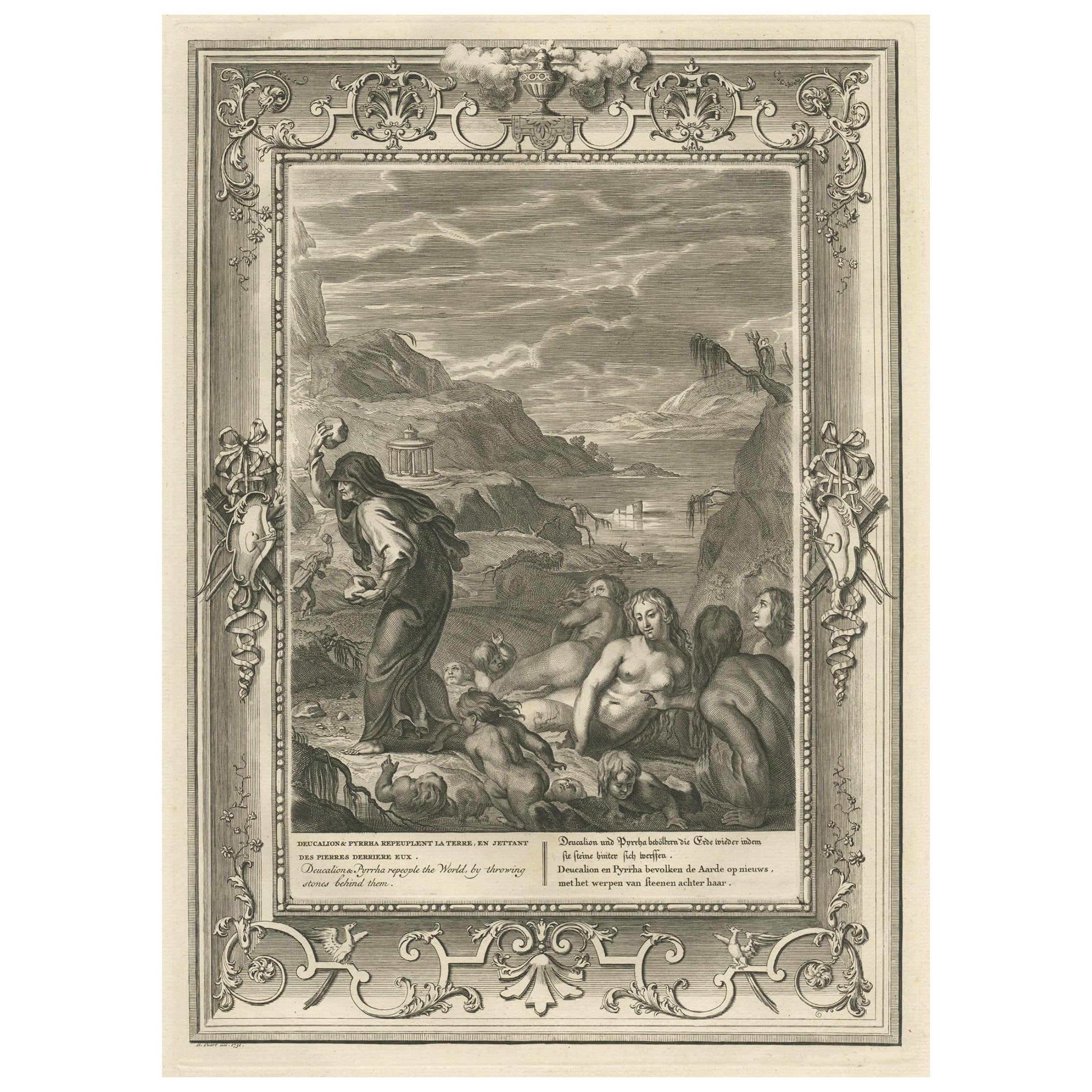 Antique Engraving of Deucalion and Pyrrha of Phthia, Thessaly, Greece, 1733 For Sale