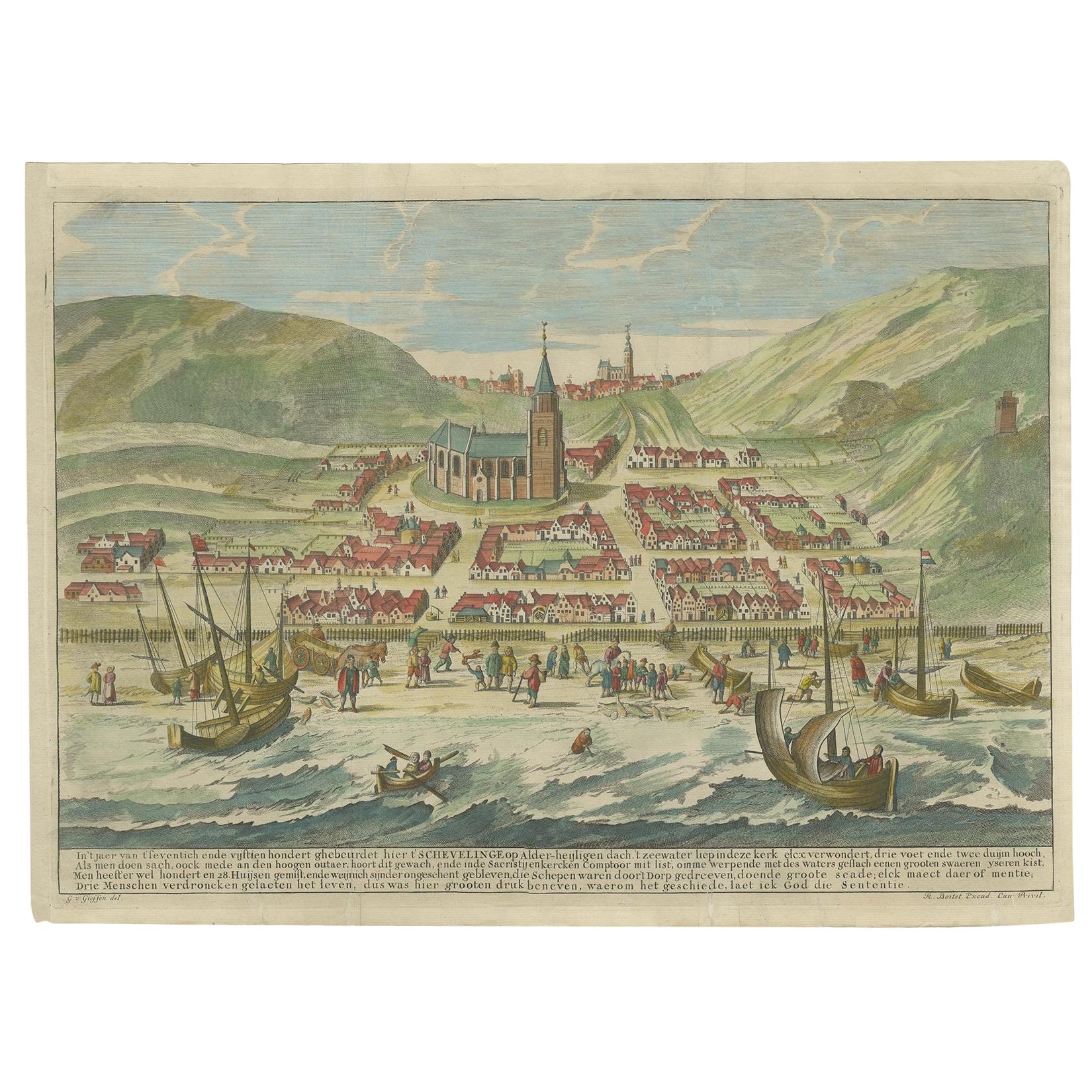 Decorative Print of Scheveningen in Holland, before the All Saints Flood, 1720 For Sale