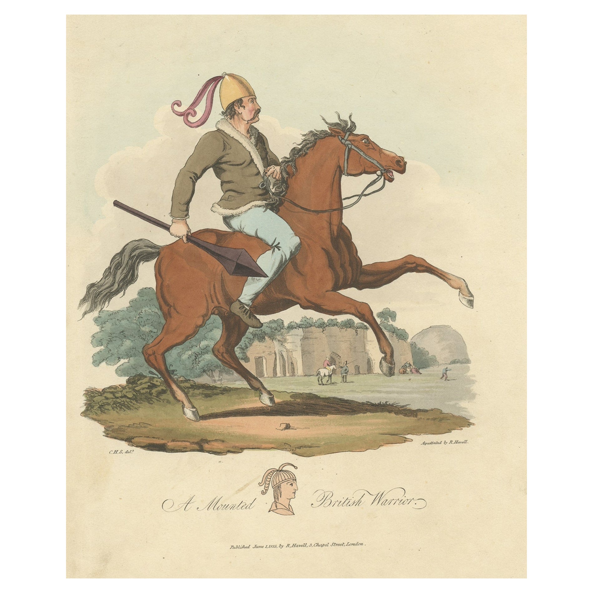 Grabado antiguo coloreado a mano de un guerrero británico montado, 1815 en venta