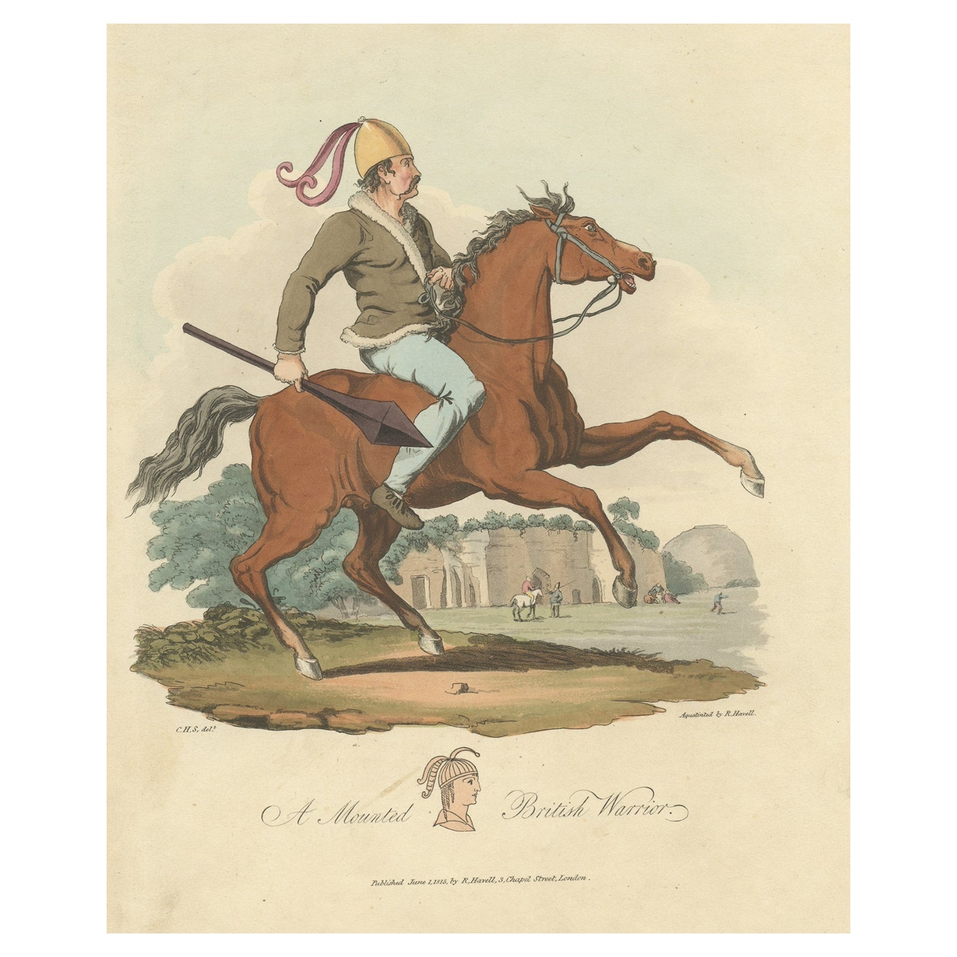 Old Hand-Colored-Druck eines montierten britischen Kriegers, 1815