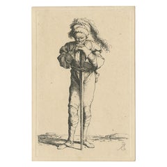 Antique Rare Etching of a Warrior Standing and Leaning on a Long Sword, ca.1658