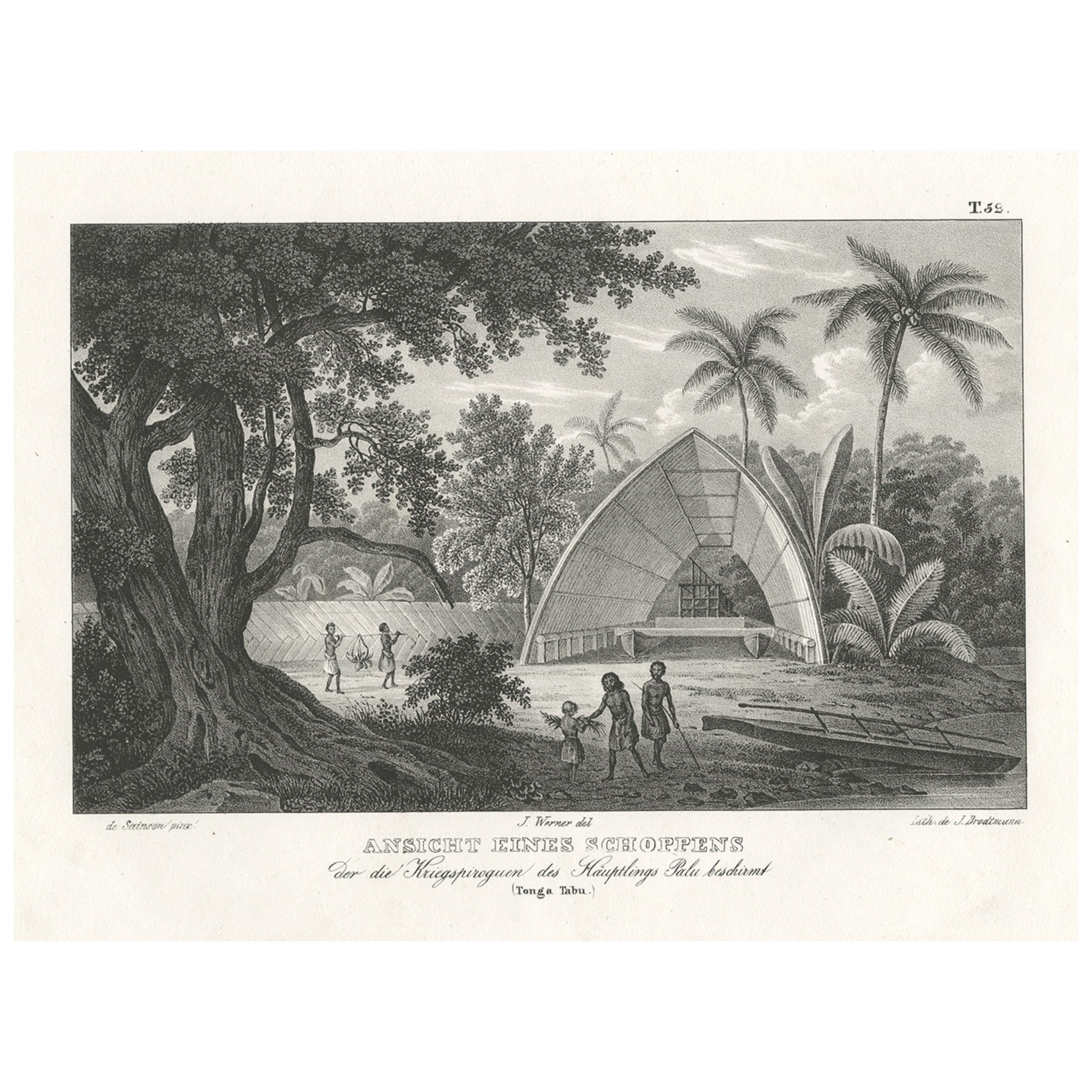 Old Print of a Building Protecting the Warriors of Chief Palu, Tonga Tabu, 1836 For Sale
